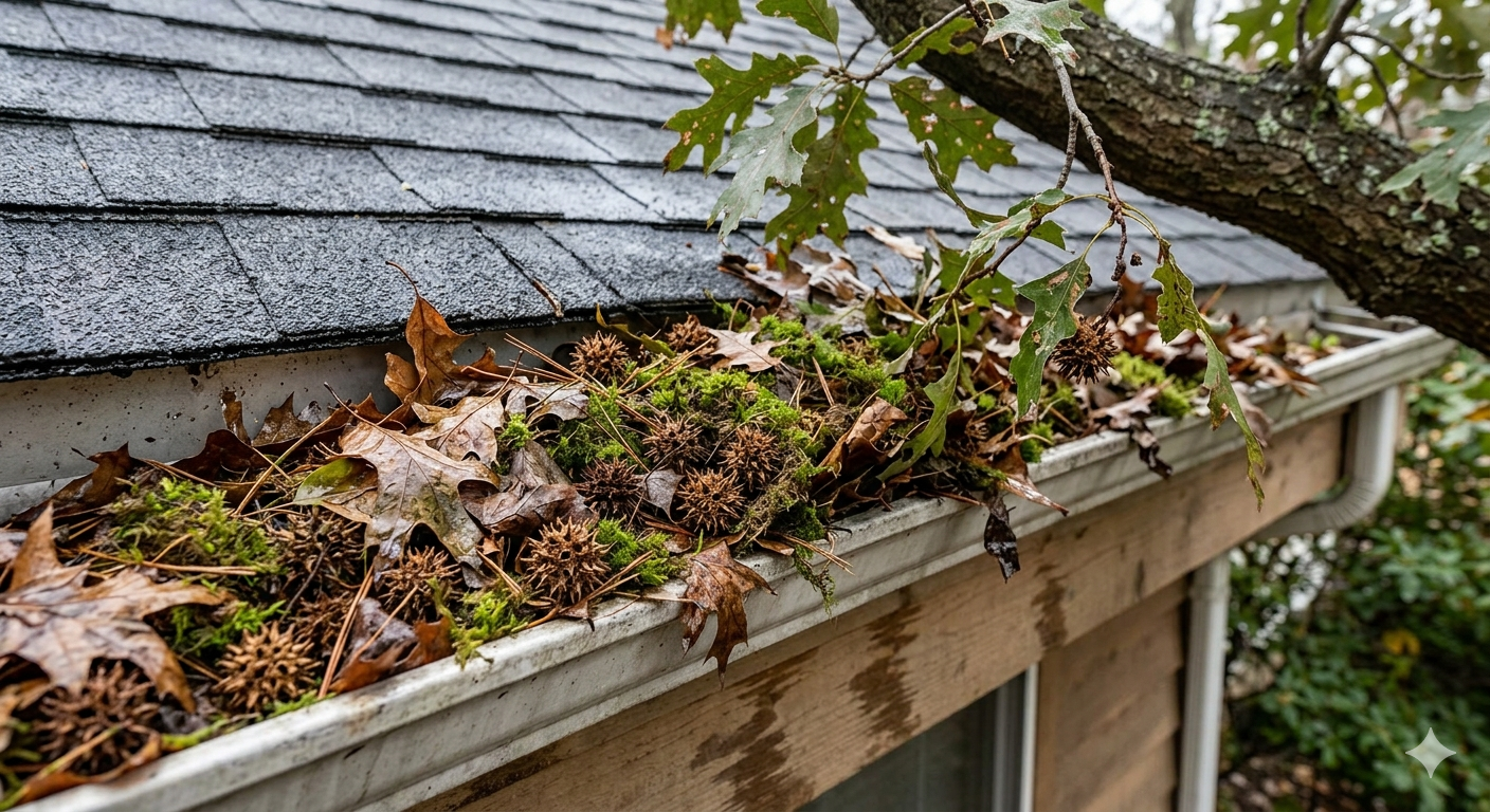 Clogged Gutters, Over hanging branches