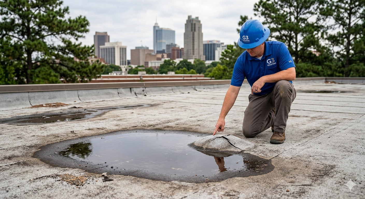 G3 Roofing crew performing a complete commercial flat roof replacement in Wake County