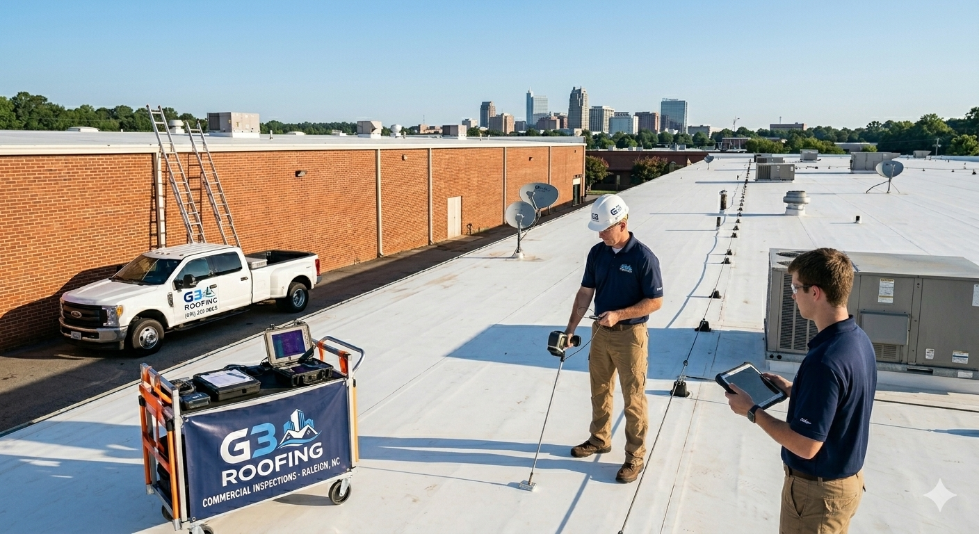 G3 Roofing technicians conducting a high-tech commercial roof inspection on a white TPO flat roof with the Raleigh NC skyline in the background.