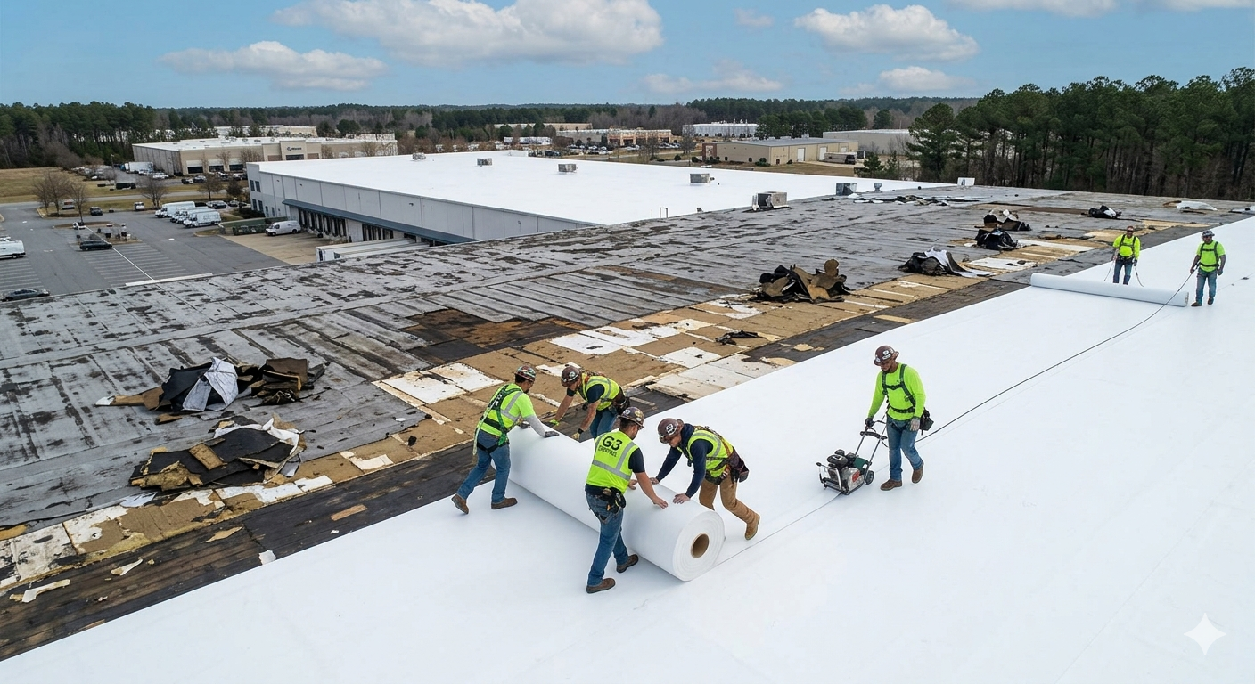 Local commercial roofing contractor consulting with a business owner in the Triangle area