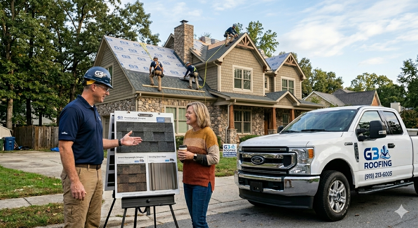 G3 Roofing contractor reviewing material choices (asphalt shingles and metal roofing) with a homeowner during a planned roof replacement in Raleigh NC.