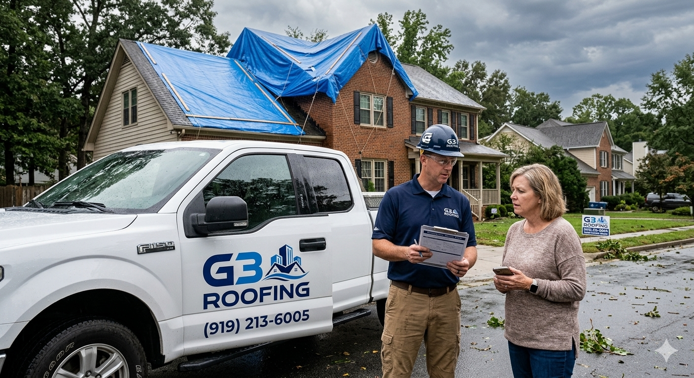 G3 Roofing contractor providing an emergency roof repair consultation and professional tarping for a storm-damaged residential home in Raleigh NC.