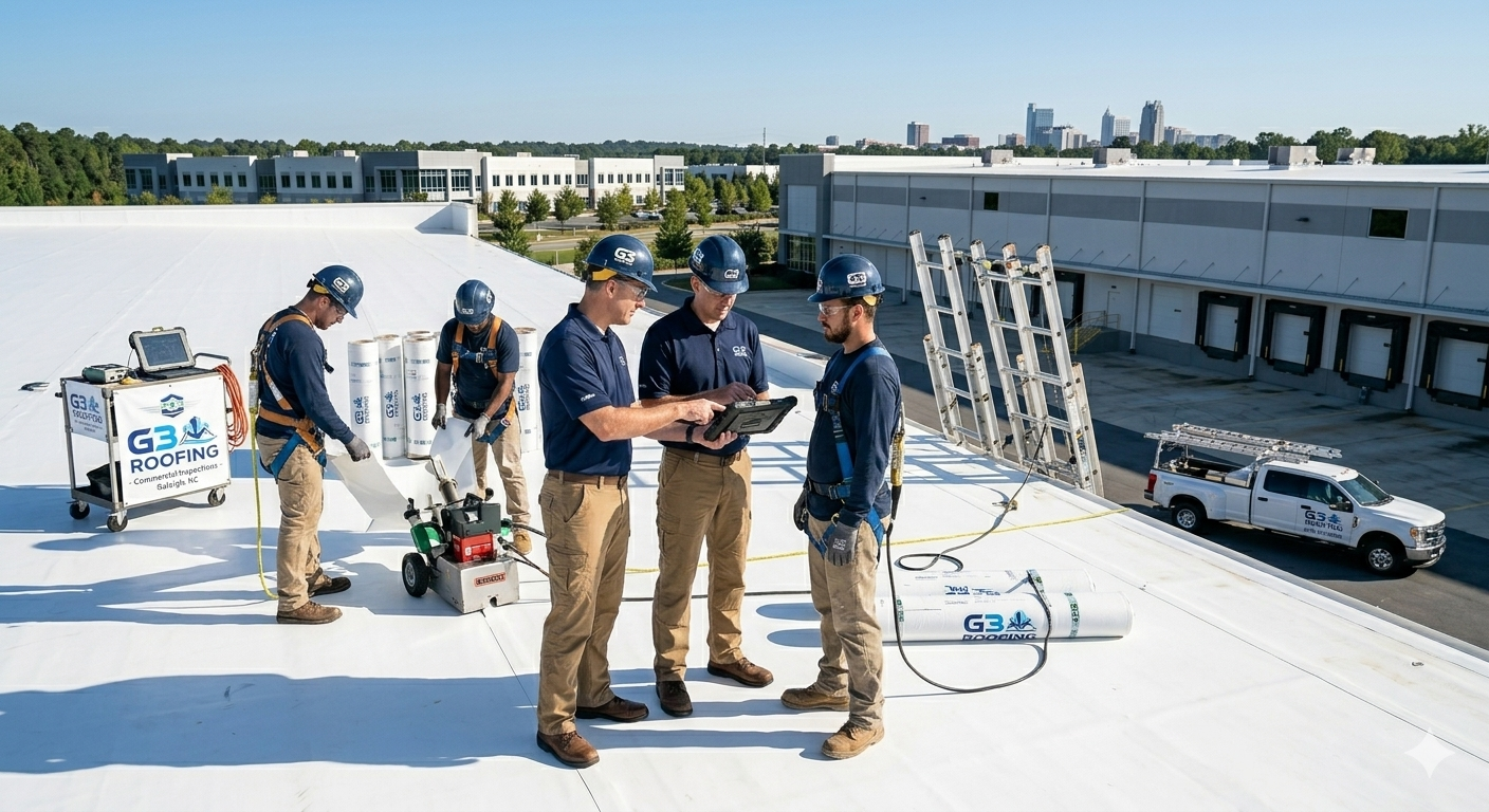 G3 Roofing commercial crew reviewing installation plans and laying white TPO membrane during a flat roof replacement project with the Raleigh, NC skyline in the background