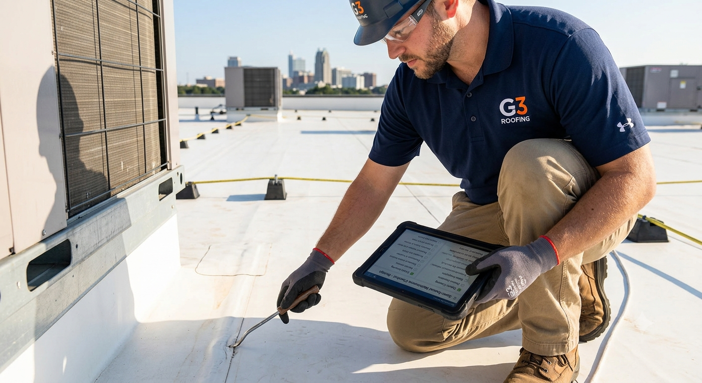 G3 Roofing commercial technician conducting a semi-annual maintenance seam inspection on a TPO roof near an HVAC unit in Raleigh NC.