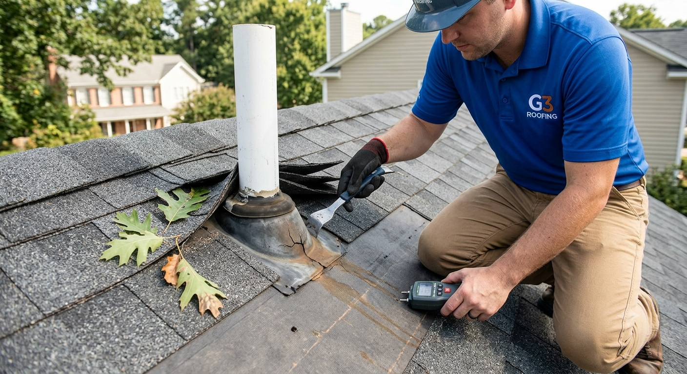 G3 Roofing professional using a digital moisture meter to diagnose a cracked pipe boot causing a residential roof leak in Raleigh NC.