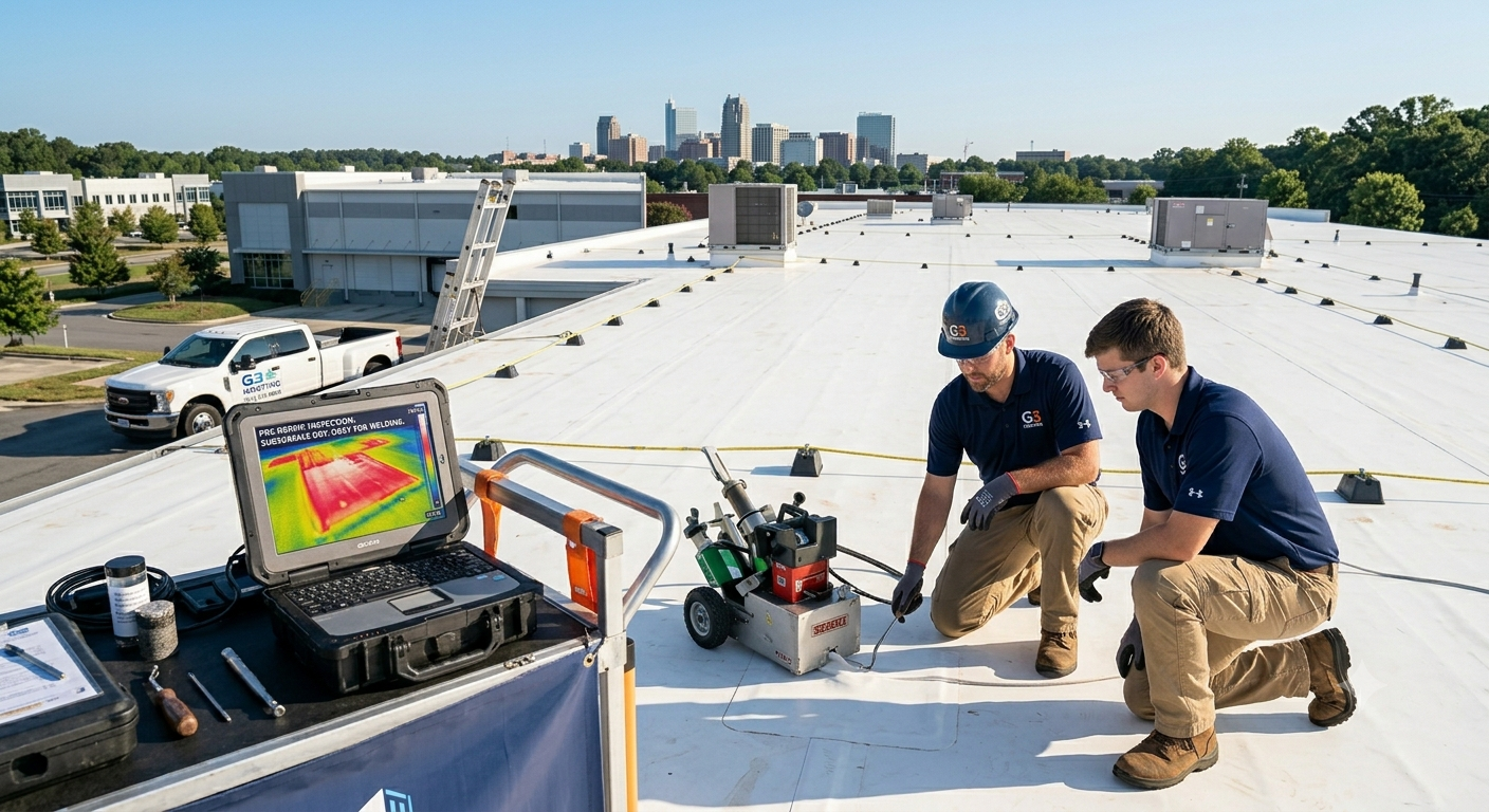 G3 Roofing technicians using an automated robotic hot-air welding machine and infrared thermal diagnostics to perform a precision commercial flat roof repair with the Raleigh, NC skyline in the distance.