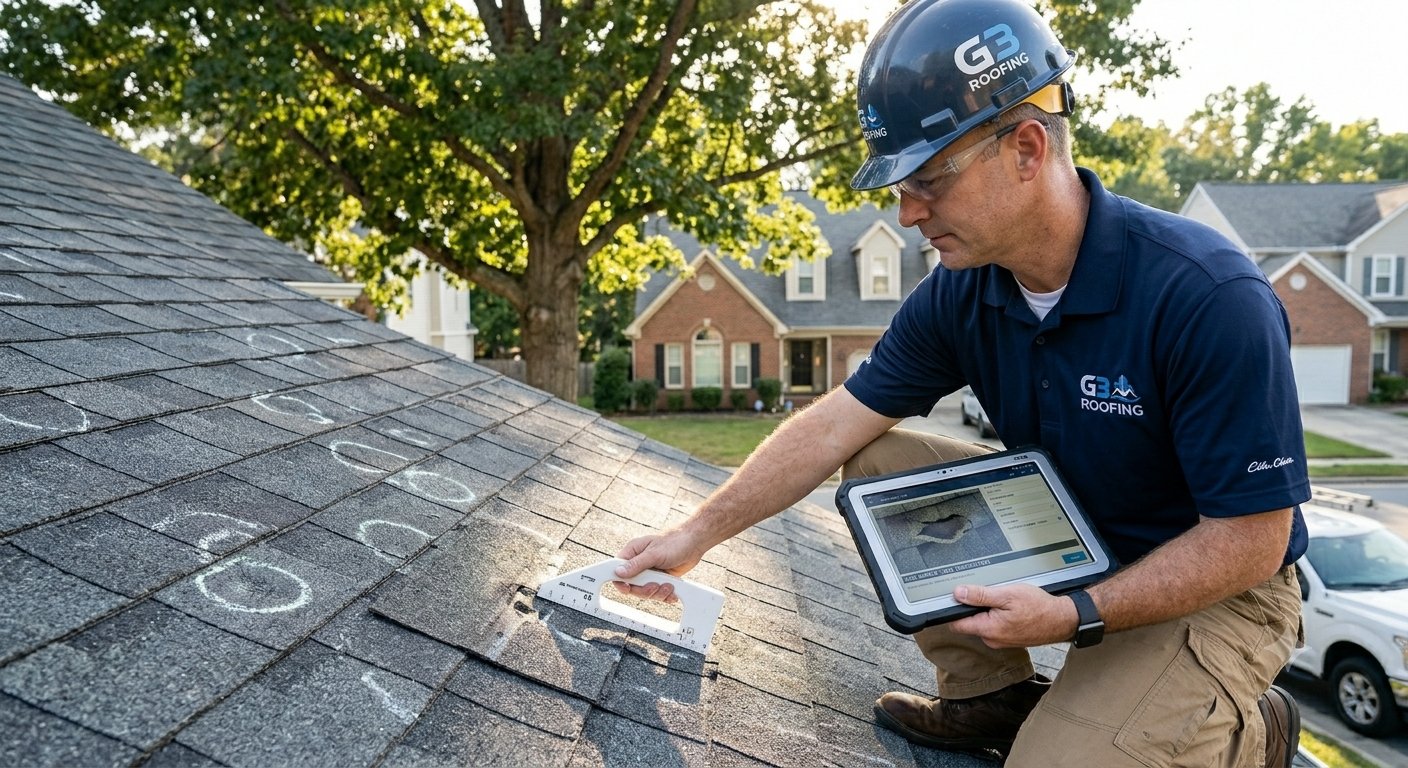 A roofer from G3 Roofing kneels on an asphalt shingle roof, holding a rugged tablet while using a tool to inspect a shingle. He wears a blue hard hat and a blue polo shirt with the company logo. Several other shingles on the roof have white chalk markings. A house, trees, and a pickup truck are visible in the background.