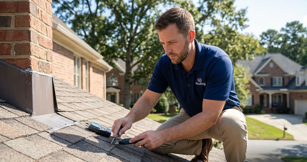A G3 Roofing emergency repair technician securing a heavy-duty waterproof tarp over storm-damaged shingles on a residential roof in Raleigh, NC.